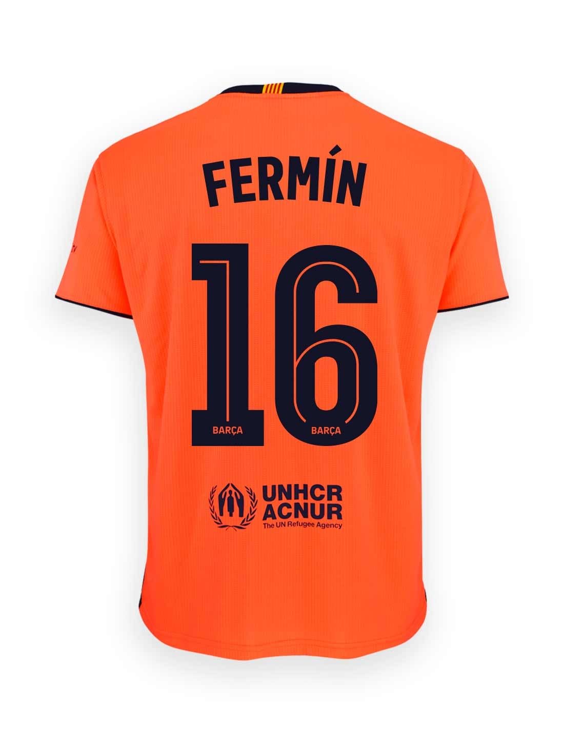 FCB FC Barcelona Camiseta - Dorsal 16 Fermin - 3ª Equipación 2025-26 Naranja - Réplica Oficial con Licencia - Adulto Unisex Manga Corta 100% Poliéster - Talla L