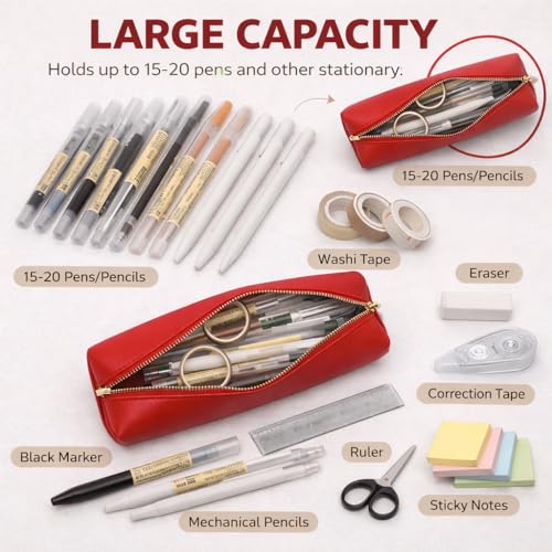 Image of Pencil Case Small Zipper Pen Pouch for School Office Art Supplies Stationery Organizer Bag for Pens Markers(Bright Red /Faux Leather)