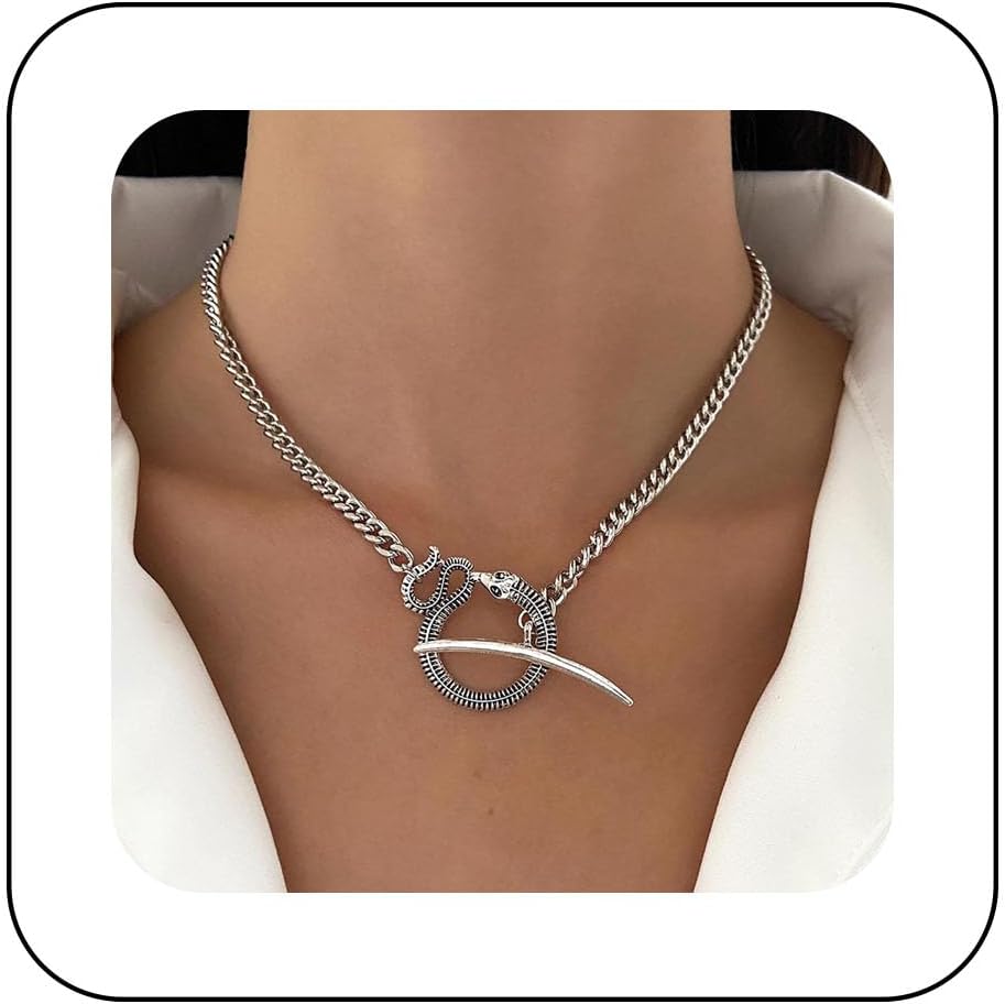 Andelaisi Punk Snake Choker Necklace Gold Snake Serpent Necklace Choker Vintage Cuban Chain Necklace Gothic Snake T Bar Necklace Jewelry for Women