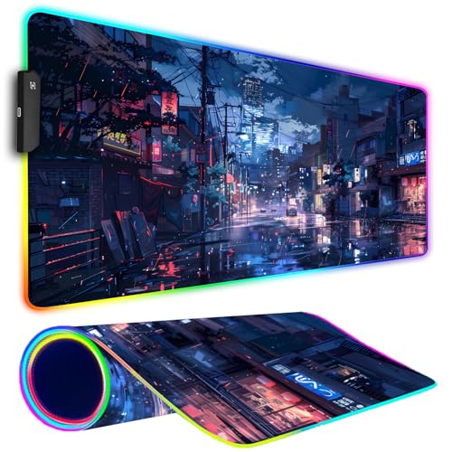 Tapis de souris de jeu RVB au design de rues japonaises nocturnes LED