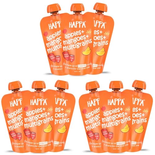 Image of Happa Organic Baby Food Apple Mango and Multigrain Puree | 100% Fruits | No Added Sugar, No Milk Powder, No Preservatives | Stage 3 (8 Months+) | Ready to Eat | Free from Common Allergens | Pack of 9 (100g Each)