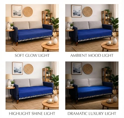 Image of VAS COLLECTIONS 3 Seater Quilted Velvet Sofa Cover with Tassels | Soft Washable Sofa Protector for Living Room | Elegant Furniture Cover for Home Decor (Blue)