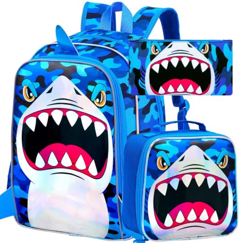 Image of 16 inch Shark Backpack for Boys, 3Pcs Kids Bookbag with Lunch Box, School Backpacks for Elementary Preschool Kindergarten (Blue)