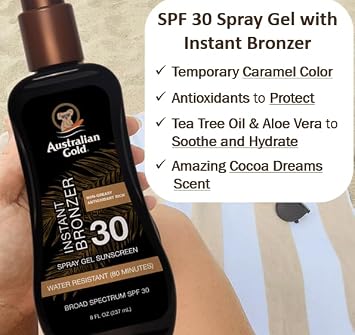 Australian Gold Spray Gel Sunscreen with Instant Bronzer SPF 30, 8 Ounce | Moisturize & Hydrate Skin | Broad Spectrum | Water Resistant | Non-Greasy | Oxybenzone Free | Cruelty Free