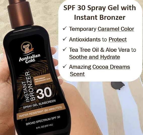 Australian Gold Spray Gel Sunscreen with Instant Bronzer SPF 30, 8 Ounce | Moisturize & Hydrate Skin | Broad Spectrum | Water Resistant | Non-Greasy | Oxybenzone Free | Cruelty Free