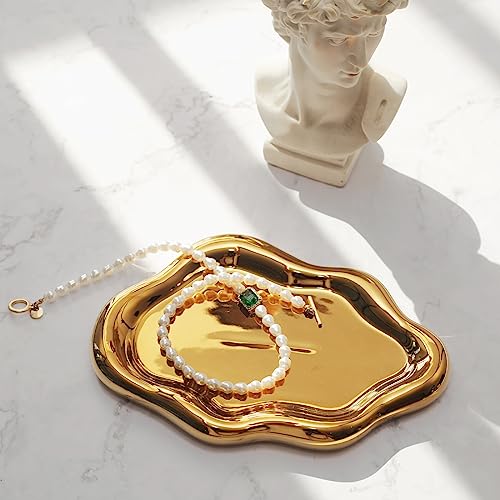 Image of Jewelry Dish Trinket Tray for Women, Ring Dish Holder, Unique Cloud Shape Ceramic Plate Cute Things Vanity Aesthetic Room Decor Mother's Day Birthday (Gold)