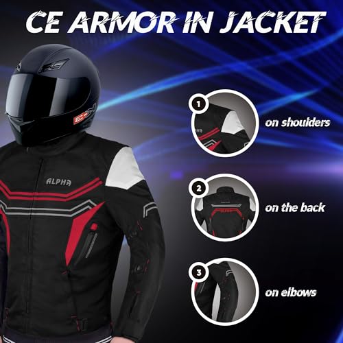 Motorcycle Jacket For Men Enduro Dualsport Riding High Visibility Dirtbike Ce Armor Waterproof All Season (RED, MEDIUM)