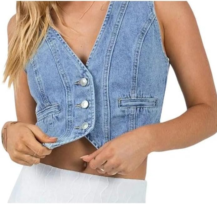 レディース デニム タンクトップ ベスト カジュアル 無地 ノースリーブ Vネック ボタンダウン クロップトップ