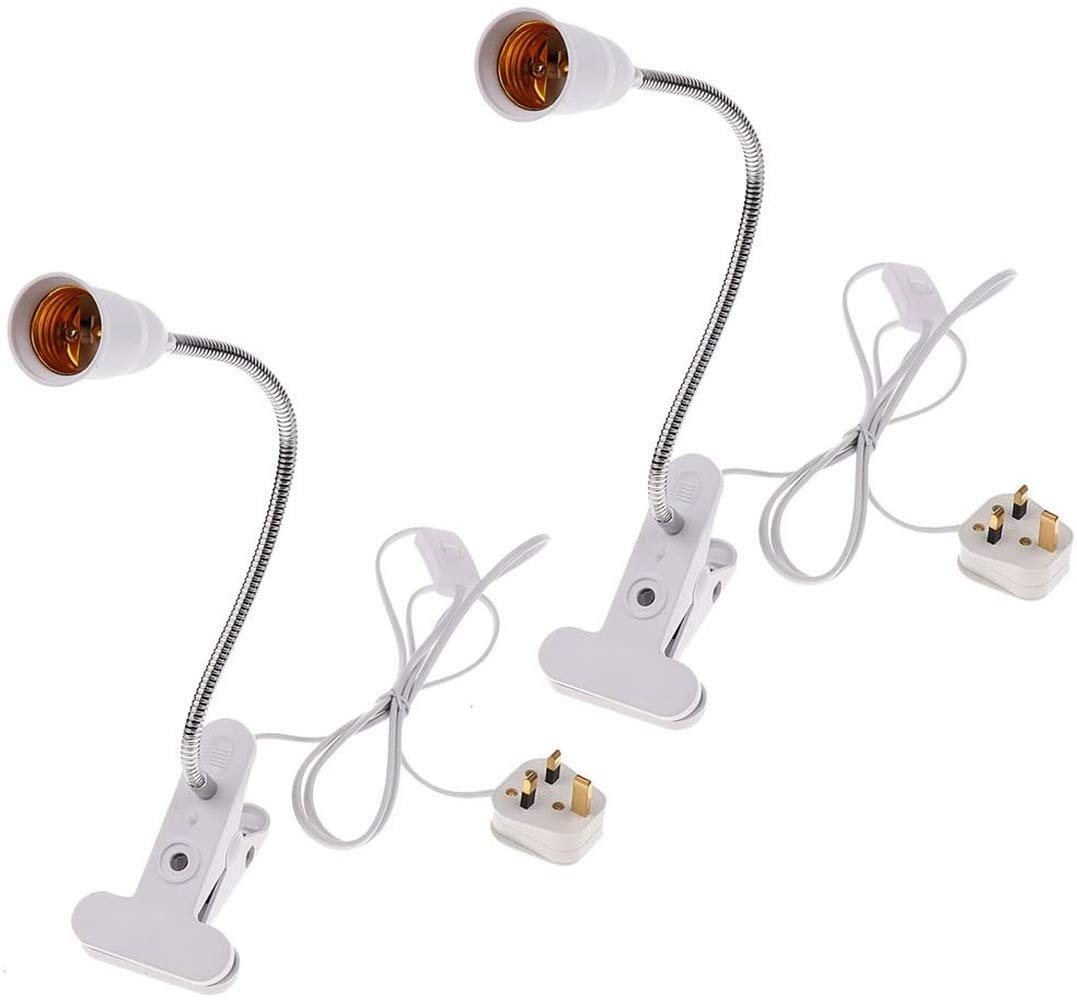 2Pcs Durable Flexible Wire Neck with On/Off Switch E27 Clip on Light Lamp Bulb Holder UK Plug for Growing, Office, Kitchen (White,No Bulb)