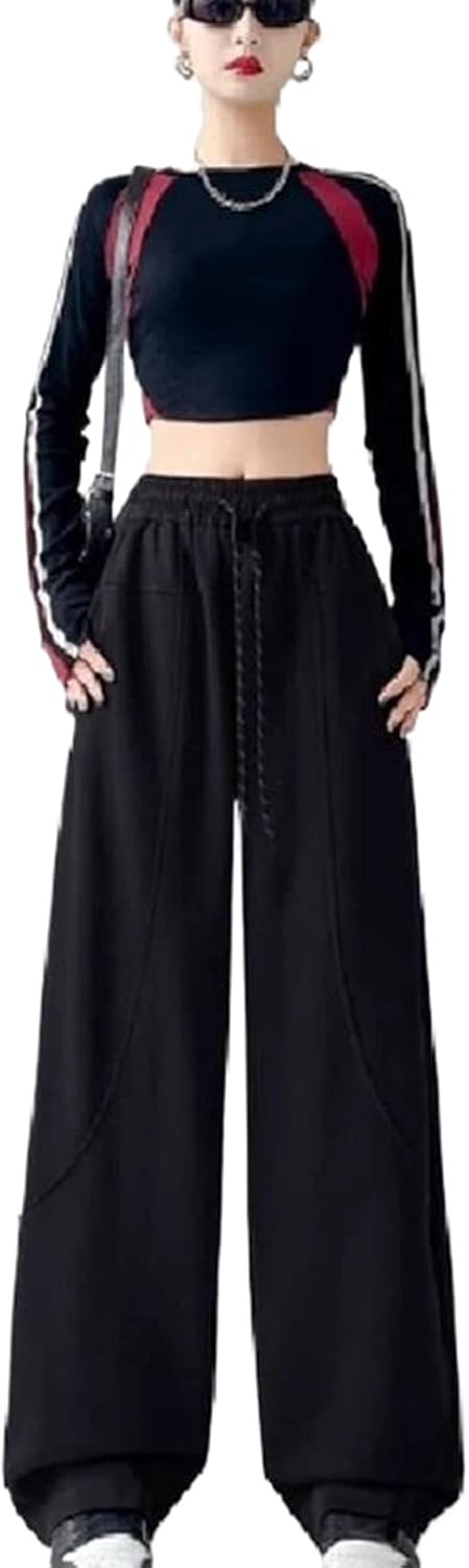 Women's High Waist Fleece Lined Drawstring Wide Leg Pants