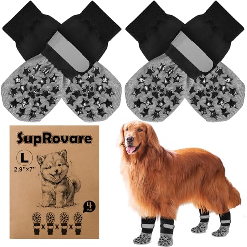 SupRovare 4 Stück Hundesocken Anti Rutsch,Doppelseitig Hundesocke mit Klettverschluss Riemen Leuchtband,Hunde Schuhe Outdoor,Sternenmuster Hundesocken Leckschutz,Hundeschuhe Winter,Hunde Hausschuhe(L)