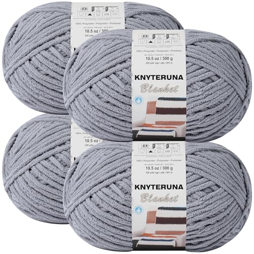 Knyteruna #6 Super Bulky Blanket Yarn for Crocheting - 4 Skeins(Each 10.5oz/300g, 220yds/201m), Chunky Chenille Thick Plush Big Soft Yarn for Crocheting Knitting Blankets, Light Grey