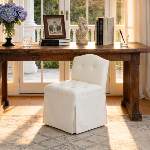DM Furniture White Tufted Makeup Vanity Chair with Wheels, Small Upholstered Skirted Slipper Accent Chair with Low Back & Metal Legs, Armless Rolling Vanity Stool Desk Chair for Living Room Bedroom