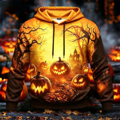 Hoodies for Men Halloween Pumpkin Print Hoodie Casual Long Sleeve Y2k Fashion Pullover Sweatshirt Comfort Clothes Orange - image 2