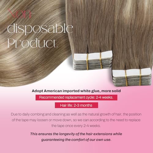 Image of Moresoo Tape in Extensions Human Hair Ash Brown Blonde 14in 20Pcs 40g | Invisible tape in hair extensions, low-contrast ribbons, straight texture, short length for blowouts and weekend styling