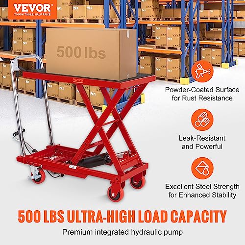 VEVOR Hydraulic Lift Table Cart, 500lbs Capacity 28.5" Lifting Height, Manual Single Scissor Lift Table with 4 Wheels and Non-Slip Pad, Hydraulic Scissor Cart for Material Handling, Red