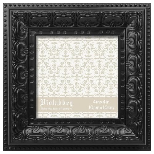 Image of VIOLABBEY 4x4 Picture Frame Antique Black, Vintage Photo Frame | Small Antique Ornate Frame, Square Frame for Wall or Tabletop Display, Classic Design for Home and Office Decor
