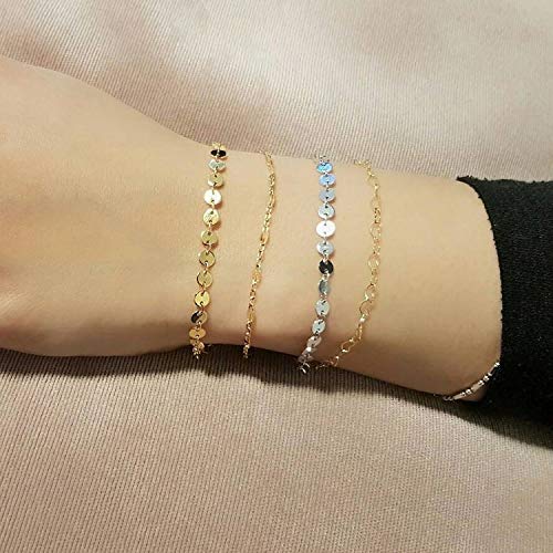 Image of Womens Dainty Gold Chain Bracelet,Simple Layered Chain Bracelets,Beaded Turquoise Bracelet,Charm Crystal Bar,Heart,Karma,Triangle,Pearl Bracelets for Women