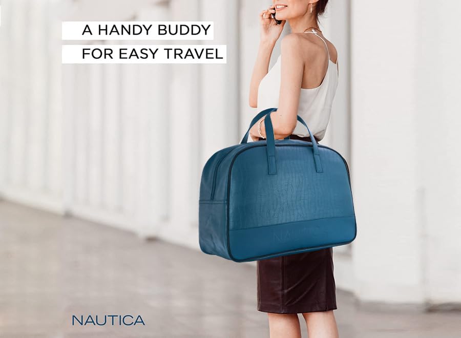 Image of Nautica Unisex 25L PU Duffle Bag for Travel | Stylish Leatherette Cabin Luggage with Smooth Zippers | Compact, Comfortable & Spacious for Weekend Trips, Gym & Everyday Use | Teal