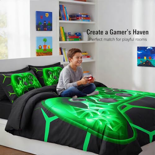 Image of ZRNBAST Twin Size Bedding Set for Boys, 6 Pieces Green Gamer Comforter Set