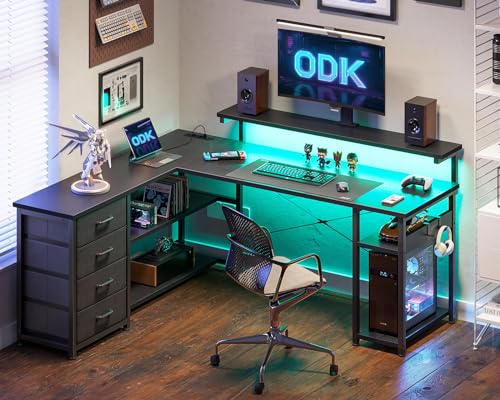 ODK Schreibtisch mit Schubladen, Reversible Eckschreibtisch mit 2 Steckdosen und 2 USB Ladeanschluss, Bürotisch L Form mit LED für Home Office 135×110cm (Schwarz) – Bild 3