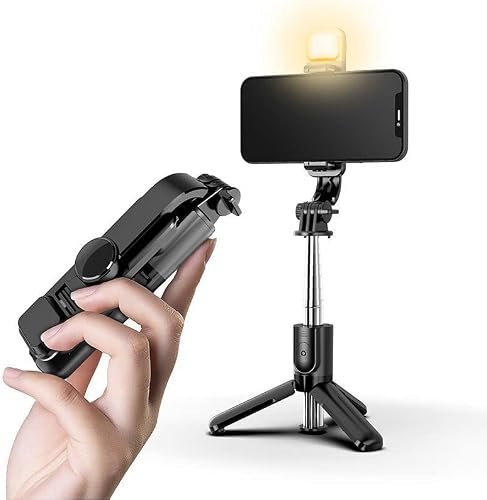 Mini Selfie Stick, 27.7 inch Extendable Phone Tripod with Wireless Remote, LED Fill Lights, Stable and firm Travel Tripod, for Selfies, Video, Compatible with iPhone & Android Smart Phone (Black mini)