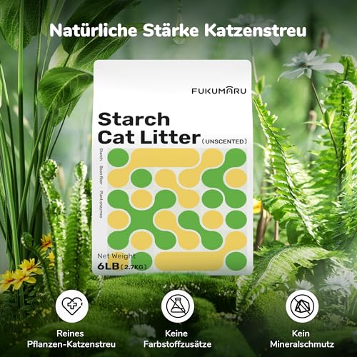 FUKUMARU Maniok Katzenstreu 10.8 kg – Starke Klumpenbildung, Staubfrei, Antihaft-Boden, 24/7 Geruchskontrolle mit pflanzlichen Zutaten