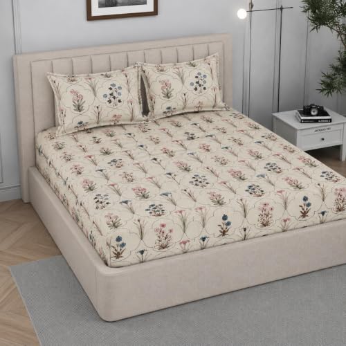 Image of 380 TC Premium Glace Cotton Elastic Fitted Bedsheet King Size with 2 Pillow Covers King Size | Double Bed with All Around Elastic (Auralia, Fitted - 72 inchx78 inch King)