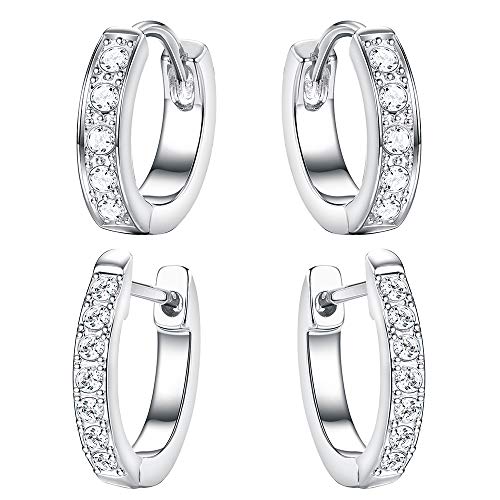 Kesaplan 2 Pairs Hoop Earrings Made of Swarovski Crystals, Huggies Earrings Set Platinum Plated Earrings for Women Girls Cute Small Hoop Earrings