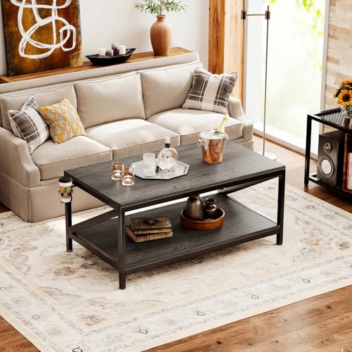 COTUBLR Coffee Table, 2 Tiers Center Table with Storage Shelf, Table de Salon for Living Room, Bedroom, Office, Industrial Wooden Tabletop and Metal Frame, Grey Oak - Image 3