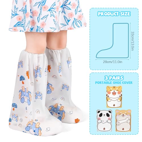 Image of PALAY Rain Shoe Covers for Kids, 3 Pairs Slip-On Shoe Covers with Elastic Collar, Knee-Length, Fashion Cartoon Wear-Resistant, for Kids 5-12 Years Old