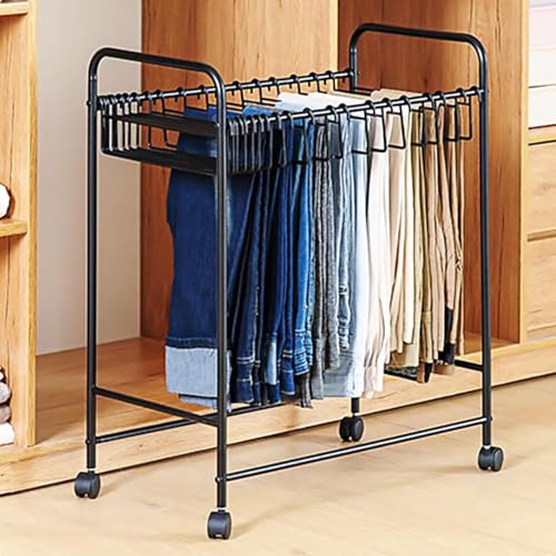 Japard Pants Rack Trolley Hangers Rolling Trouser Hanging Rack, Space Saving Storage Closet Organizer - 24 Pants Jeans Scarf (Black, 24 Pants)