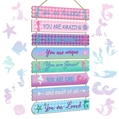 Image of Easozoom Girls Kids Unicorn Butterfly Boho Rainbow Elephant Affirmation Wall Decor Art For Toddler & Baby Princess Nursery Room Wood Signs & Decorations, Mermaid