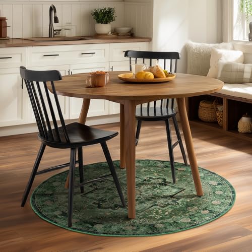 Image of Green Round Washable Rugs 5ft, Vintage Medallion 5 Feet Circle Rug for Living Room Under Coffee Table, Low Pile Thin Non Slip 5x5 Round Area Rug Carpet for Dining Room /Bedroom /Entry