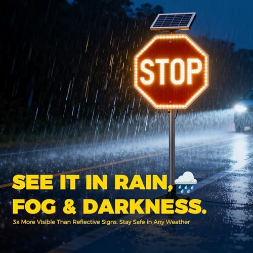 Solar LED Octagon Road Sign - Engineer Grade Reflective, Blinking Red Traffic Sign, IP65 Waterproof, Solar-Powered, 60cm/24in for Highways & Pedestrian Crossings, Customizable