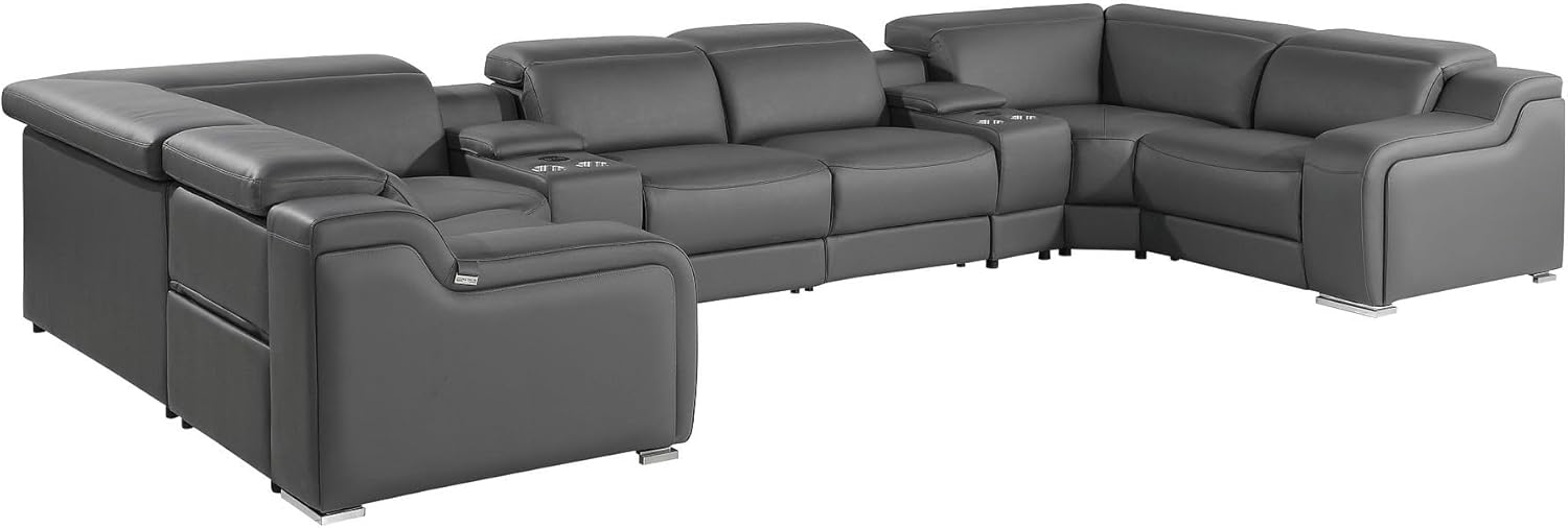 HomeRoots Dark Gray Italian Leather Power Reclining U Shaped Eight Piece Corner Sectional with Console