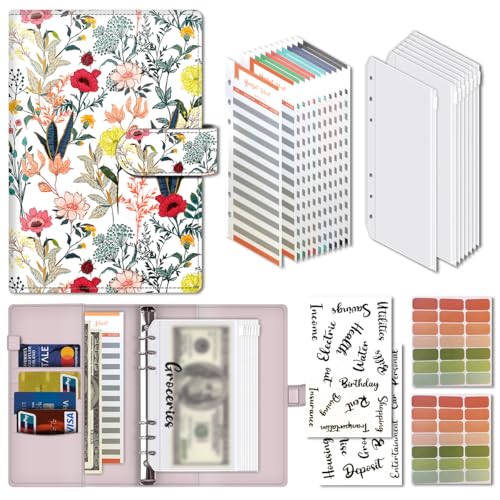 AOPEFNX Budget Binder, Cute A6 Money Saving Binder with Zipper Envelopes, PU Leather Money Organizer for Cash, Expense Budget Sheets and Cash Envelopes for Budgeting Beautiful Boho Flowers