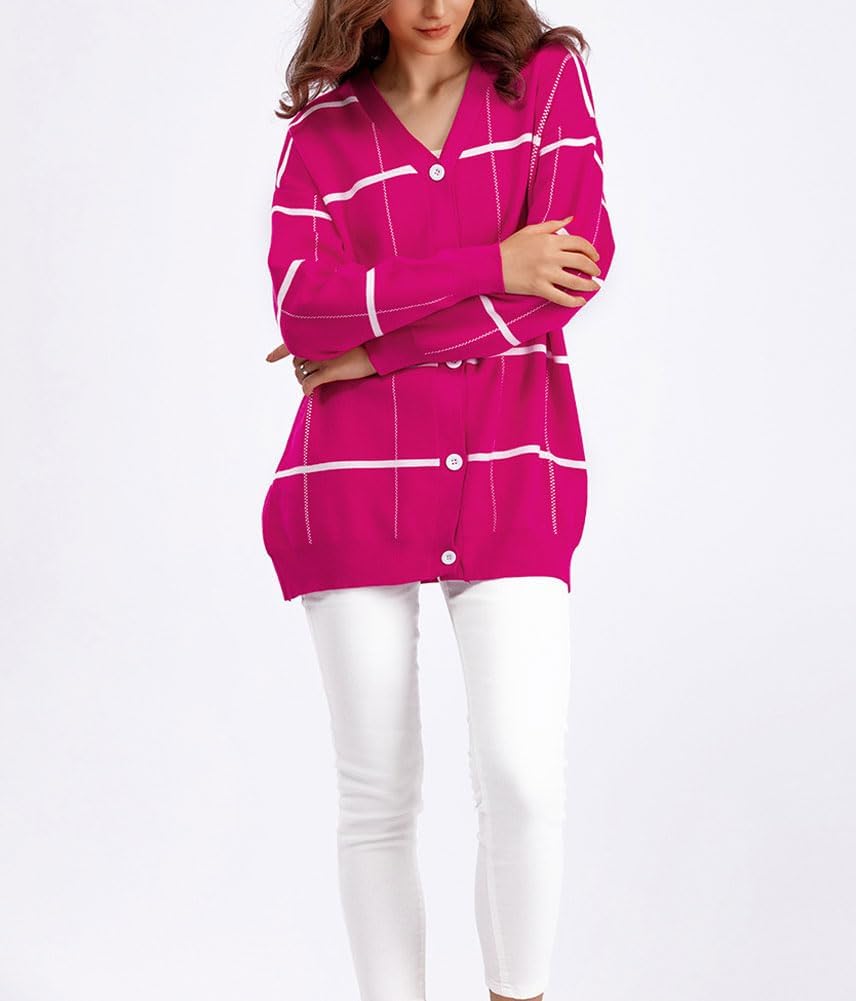 chouyatou Women's Vintage Plaid Button Down Cardigans Color Block V Neck Knit Cardigan Sweater Jacket Coat - Image 5