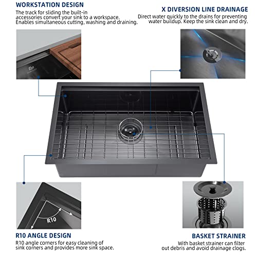 30-Inch Undermount Workstation Kitchen Sink, Gabetlet 16 Gauge Stainless Steel Kitchen Sink With Nano Coating & Brushed Finish, Matte Black Single Bowl Deep Kitchen Sink With Ledge And Accessories #TOP3