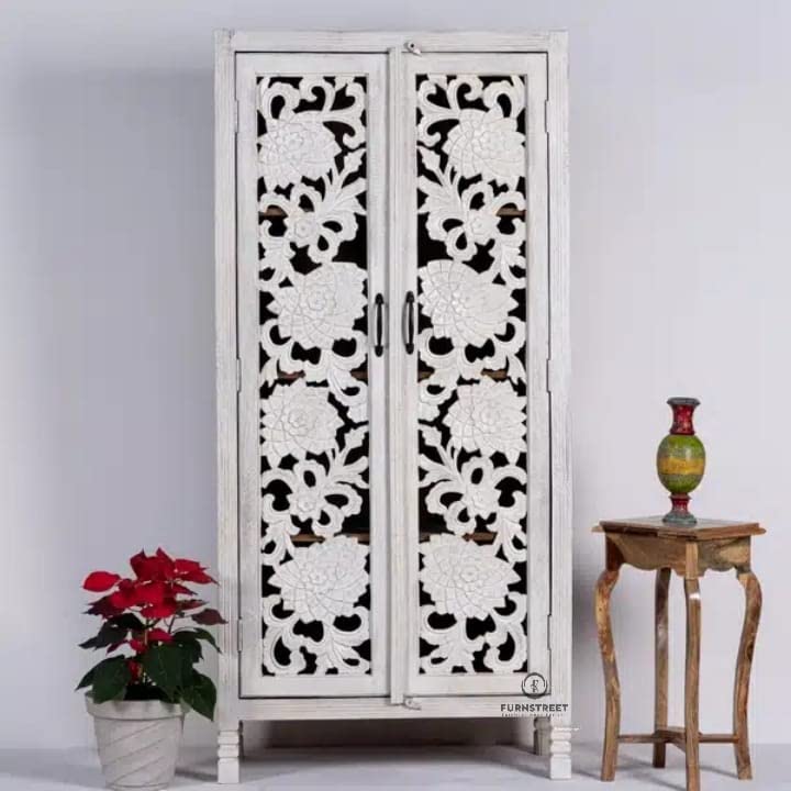 Carved Almirah Solid Wood Wardrobe for Storage Home Decor Furniture - 40d X 92w X 183h Centimeters-image-12