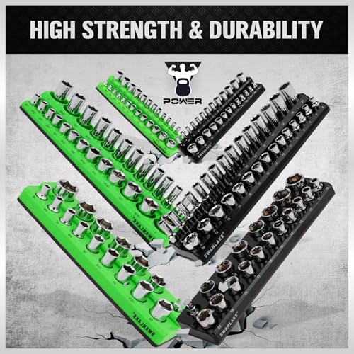 Image of Magnetic Socket Organizer Holder Tool: 8PCS Set includes 2PCS 1 /4 inch, 4PCS 3 /8 inch, 2PCS 1 /2 inch Drive Socket Storage Trays Toolboxs, Holding 199 Slots Soft Rubber Covering Black Green (sockets not included)