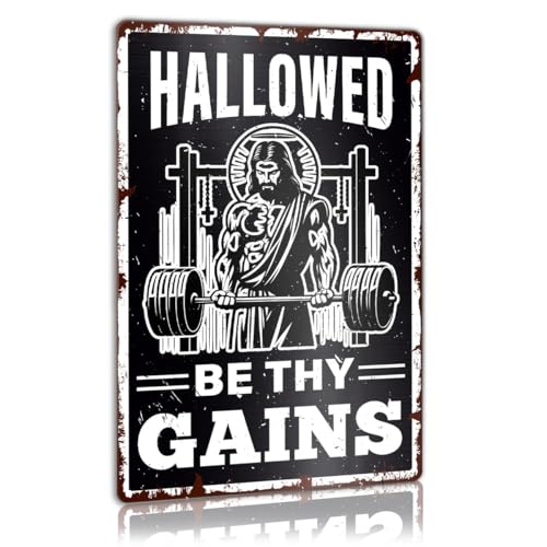 Christian Gym Motivation Metal Sign Decor for Home Workout Room Fitness Room, Religion Inspirational Workout Room Decor, Christian Fitness Coach Gifts for Trainer Exercise Lover, Hallowed Be Thy Gains