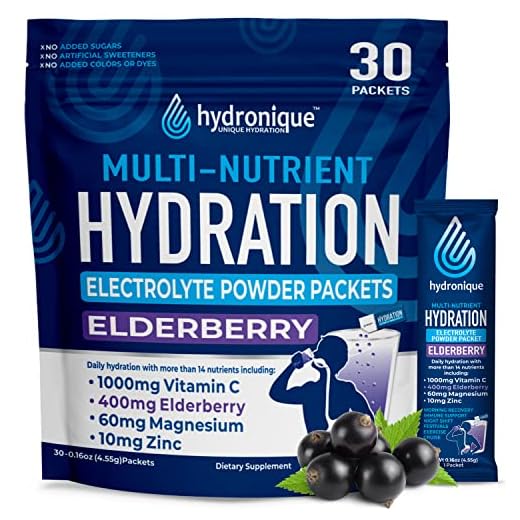 Hydronique Hydration Packets Sugar Free | Low Sodium Electrolytes Powder | Travel, Rehydration, Immunity | Vitamins, Minerals, Antioxidants | Elderberry Flavor (30 Packs)
