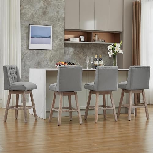 Image of Counter Height Bar Stools Set of 2, 360Swivel Bar Stools with Back and Wood Legs, 28.5 inch Morden Linen Fabric Upholstered Barstools for Kitchen Island Dining Room Bar, Grey