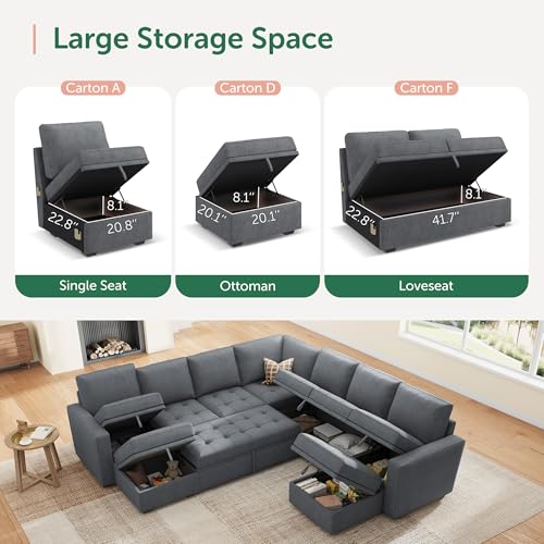 Image of HONBAY Modular Sectional Sleeper Sofa with Pull Out Couch Bed, U Shaped Couch with Storage, Sectional Couches for Living Room, Bluish Grey