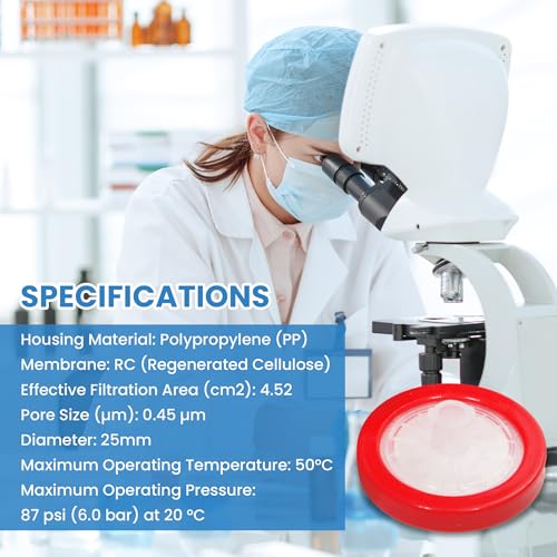 Image of RC Membrane Syringe Filter 25mm Diameter 0.45um Pore Size Syringe Lab Filter for Laboratory School Science, Pack of 10 (Model AMRC04525)