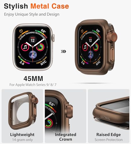 Image of ULTIMAL Metal Case Compatible with Apple Watch Series 9 /8 /7 45mm with Back Cover,Military Grade Shockproof Protective Case, Rugged Cover for iWatch 45mm (Brown)