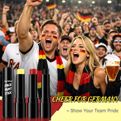 Image of BADCOLOR Germany Black Red Yellow Face Body Paint Stick Set, Oil Based Sports Makeup Stick, Waterproof Sweatproof Face Paint for Football, Rugby, Softball, Baseball, Lacrosse, Sports Accessories
