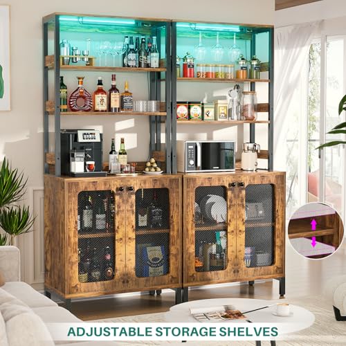 Aheaplus Bar Cabinet with Power Outlets, 67" Tall Wine Bar Liquor Cabinet with LED Lights & Glass Holder, Coffee Bars Station for Living Room, Microwave Stand Bakers Rack Cabinets, Rustic Brown - Image 8