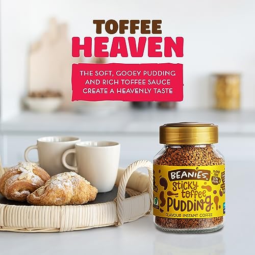 Beanies Flavour Instant Coffee -Sticky Toffee Pudding Instant Flavored Coffee - Bold & Adventurous Full-On Flavor - An Indulgent Sugar Free Taste Explosion - Low Calorie - Vegan & Gluten Free - Wheat & Dairy Free, 6 x 50g jar